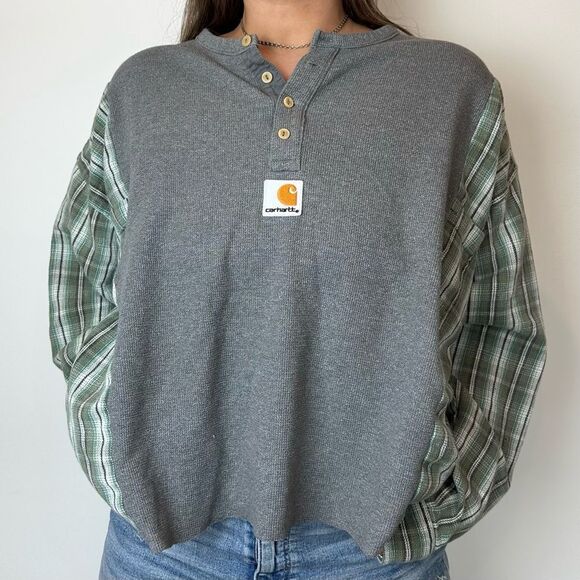 Carhartt Reworked Henley Long Sleeve Relaxed Western Green Plaid Shirt Top - Picture 4 of 4